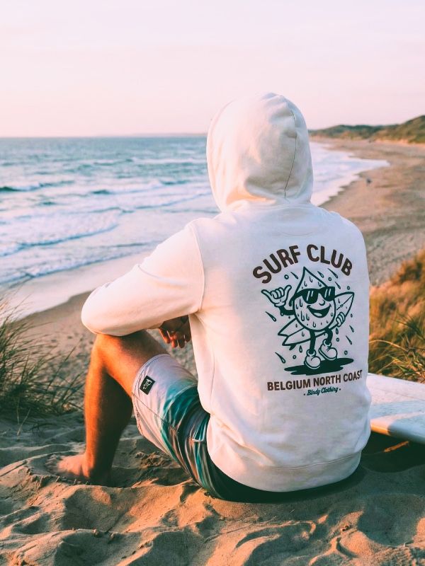 BINDY Surf Club hoodie on the Belgian coast
